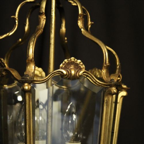 FRENCH GILDED BRONZE TRIPLE LIGHT ANTIQUE HALL LANTERN - ADDITIONAL PHOTO 4