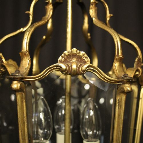 FRENCH GILDED BRONZE TRIPLE LIGHT ANTIQUE HALL LANTERN - ADDITIONAL PHOTO 5