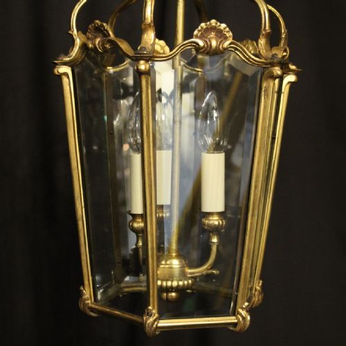 FRENCH GILDED BRONZE TRIPLE LIGHT ANTIQUE HALL LANTERN - ADDITIONAL PHOTO 6