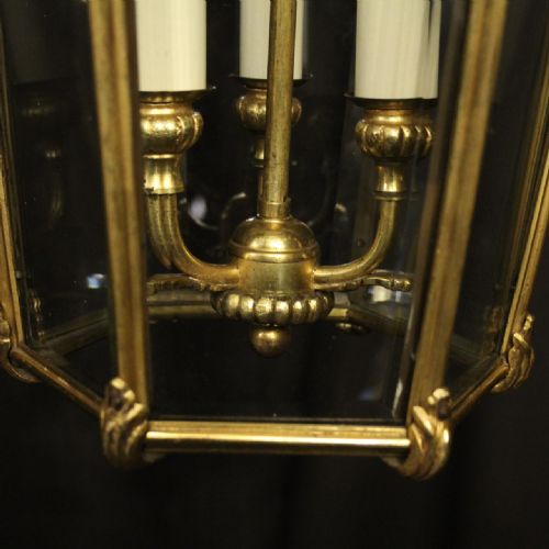 FRENCH GILDED BRONZE TRIPLE LIGHT ANTIQUE HALL LANTERN - ADDITIONAL PHOTO 7