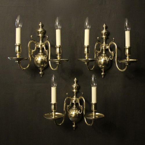 english set of 3 twin arm antique wall lights - CATEGORY: ANTIQUE LIGHTING - DATED 1910