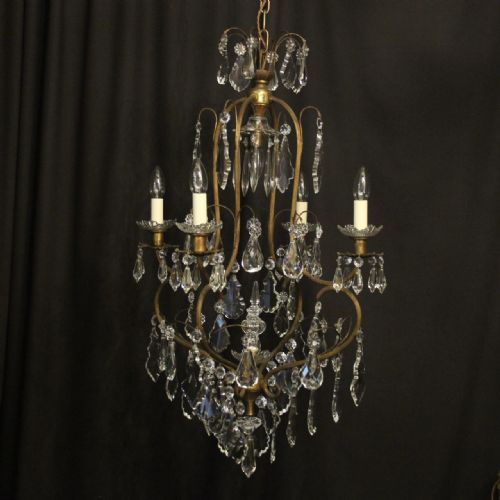 french gilded crystal 5 light antique chandelier - CATEGORY: ANTIQUE LIGHTING - DATED 1920