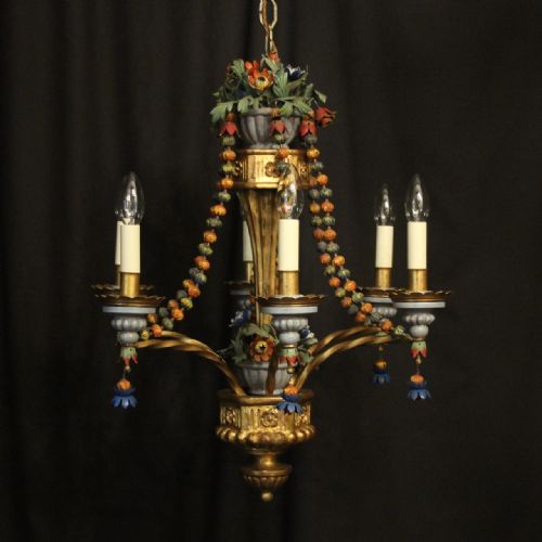 florentine 6 light polychrome giltwood antique chandelier - CATEGORY: ANTIQUE LIGHTING - DATED 1930
