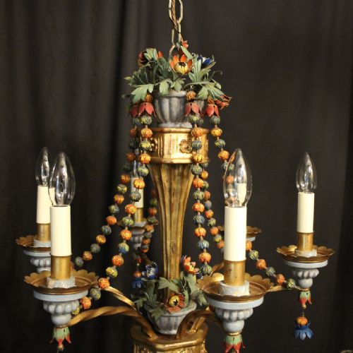 FLORENTINE 6 LIGHT POLYCHROME GILTWOOD ANTIQUE CHANDELIER - ADDITIONAL PHOTO 1