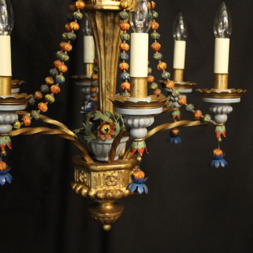 FLORENTINE 6 LIGHT POLYCHROME GILTWOOD ANTIQUE CHANDELIER - ADDITIONAL PHOTO 2