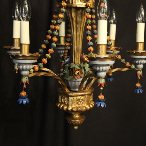 FLORENTINE 6 LIGHT POLYCHROME GILTWOOD ANTIQUE CHANDELIER - ADDITIONAL PHOTO 3