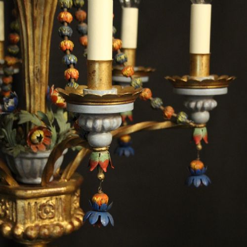 FLORENTINE 6 LIGHT POLYCHROME GILTWOOD ANTIQUE CHANDELIER - ADDITIONAL PHOTO 4