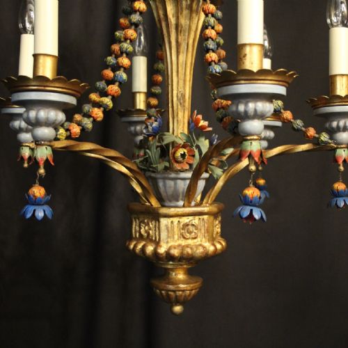 FLORENTINE 6 LIGHT POLYCHROME GILTWOOD ANTIQUE CHANDELIER - ADDITIONAL PHOTO 5