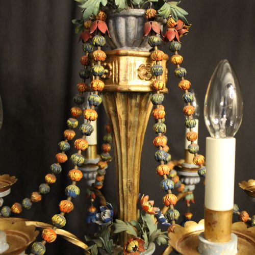 FLORENTINE 6 LIGHT POLYCHROME GILTWOOD ANTIQUE CHANDELIER - ADDITIONAL PHOTO 6