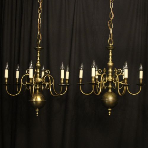 english pair of brass 6 light antique chandeliers - CATEGORY: ANTIQUE LIGHTING - DATED 1920