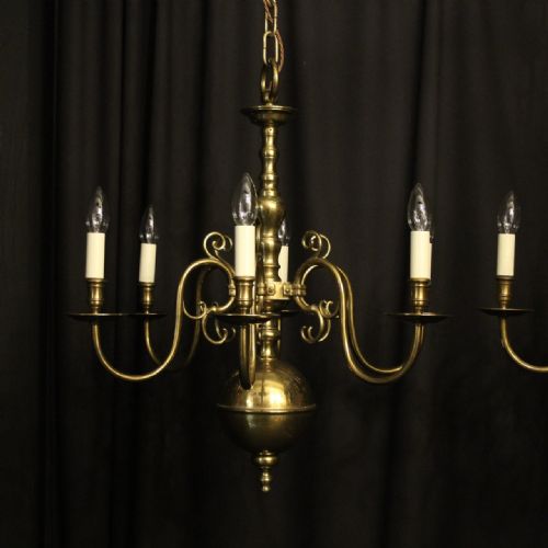 ENGLISH PAIR OF BRASS 6 LIGHT ANTIQUE CHANDELIERS - ADDITIONAL PHOTO 1