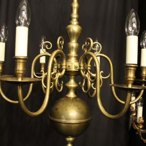ENGLISH PAIR OF BRASS 6 LIGHT ANTIQUE CHANDELIERS - ADDITIONAL PHOTO 2