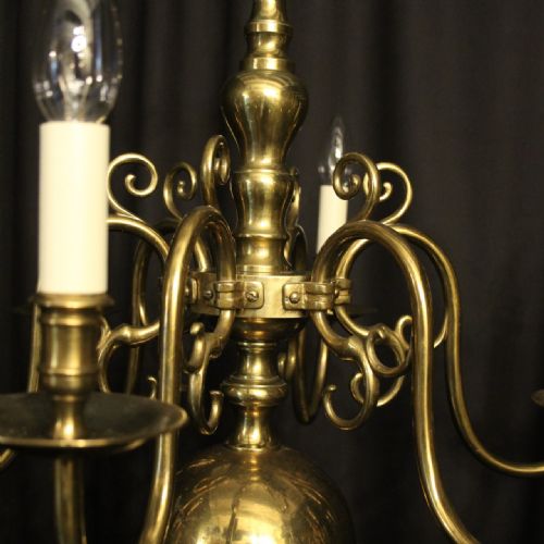 ENGLISH PAIR OF BRASS 6 LIGHT ANTIQUE CHANDELIERS - ADDITIONAL PHOTO 3