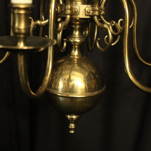 ENGLISH PAIR OF BRASS 6 LIGHT ANTIQUE CHANDELIERS - ADDITIONAL PHOTO 4