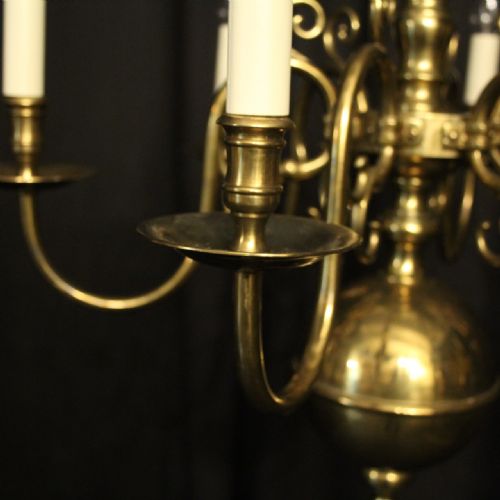 ENGLISH PAIR OF BRASS 6 LIGHT ANTIQUE CHANDELIERS - ADDITIONAL PHOTO 5