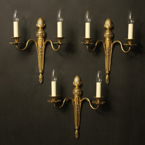 french set of 3 twin arm gilded bronze antique wall lights - CATEGORY: ANTIQUE LIGHTING - DATED 19TH CENTURY