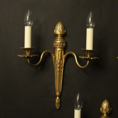 FRENCH SET OF 3 TWIN ARM GILDED BRONZE ANTIQUE WALL LIGHTS - ADDITIONAL PHOTO 1