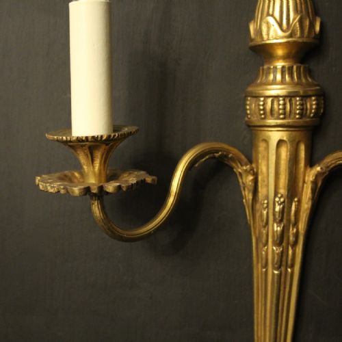 FRENCH SET OF 3 TWIN ARM GILDED BRONZE ANTIQUE WALL LIGHTS - ADDITIONAL PHOTO 4