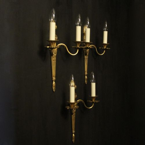 FRENCH SET OF 3 TWIN ARM GILDED BRONZE ANTIQUE WALL LIGHTS - ADDITIONAL PHOTO 9