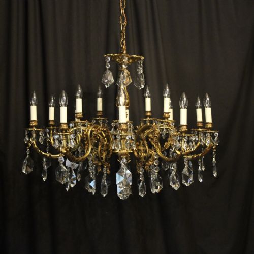 italian gilded bronze crystal 15 light antique chandelier - CATEGORY: ANTIQUE LIGHTING - DATED 1920
