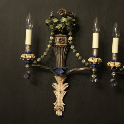 FLORENTINE POLYCHROME TWIN ARM ANTIQUE WALL LIGHTS - ADDITIONAL PHOTO 1