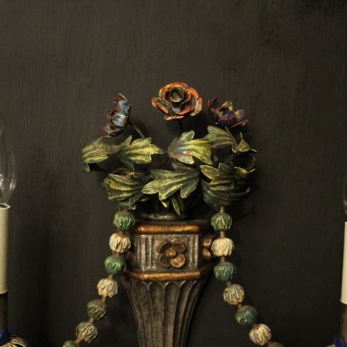 FLORENTINE POLYCHROME TWIN ARM ANTIQUE WALL LIGHTS - ADDITIONAL PHOTO 3