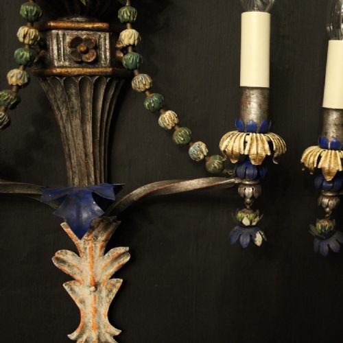 FLORENTINE POLYCHROME TWIN ARM ANTIQUE WALL LIGHTS - ADDITIONAL PHOTO 4