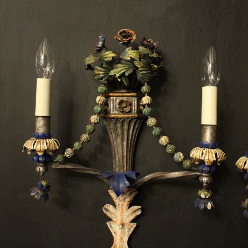 FLORENTINE POLYCHROME TWIN ARM ANTIQUE WALL LIGHTS - ADDITIONAL PHOTO 5