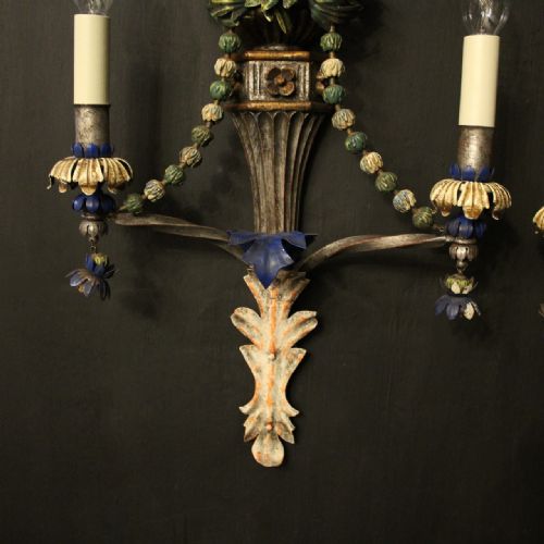 FLORENTINE POLYCHROME TWIN ARM ANTIQUE WALL LIGHTS - ADDITIONAL PHOTO 6