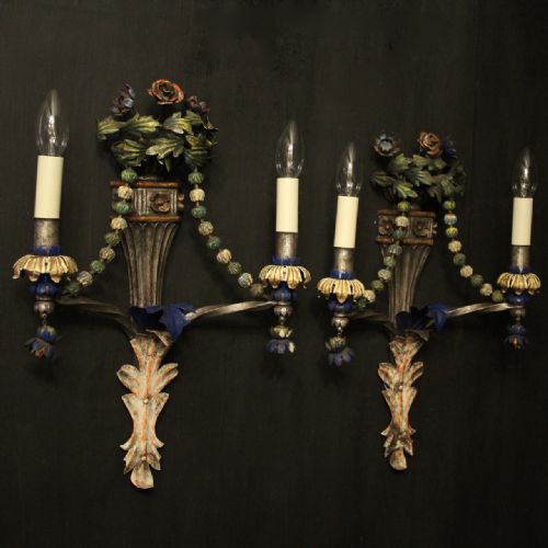FLORENTINE POLYCHROME TWIN ARM ANTIQUE WALL LIGHTS - ADDITIONAL PHOTO 8