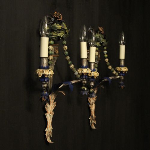 FLORENTINE POLYCHROME TWIN ARM ANTIQUE WALL LIGHTS - ADDITIONAL PHOTO 9