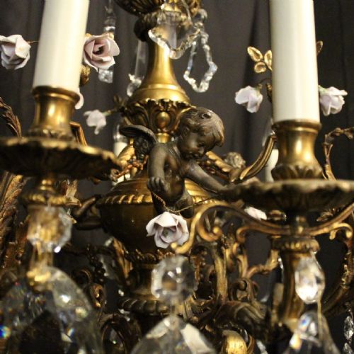 FRENCH 19TH C GILDED BRONZE CHERUB ANTIQUE CHANDELIER - ADDITIONAL PHOTO 2