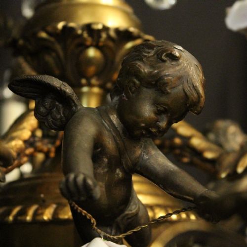 FRENCH 19TH C GILDED BRONZE CHERUB ANTIQUE CHANDELIER - ADDITIONAL PHOTO 3