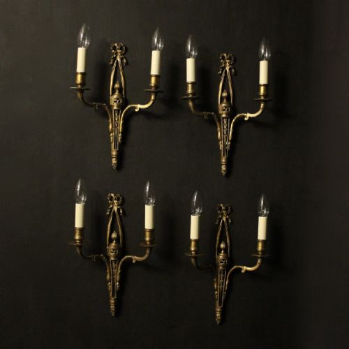 french set of 4 gilded twin arm antique wall lights - CATEGORY: ANTIQUE LIGHTING - DATED 1920