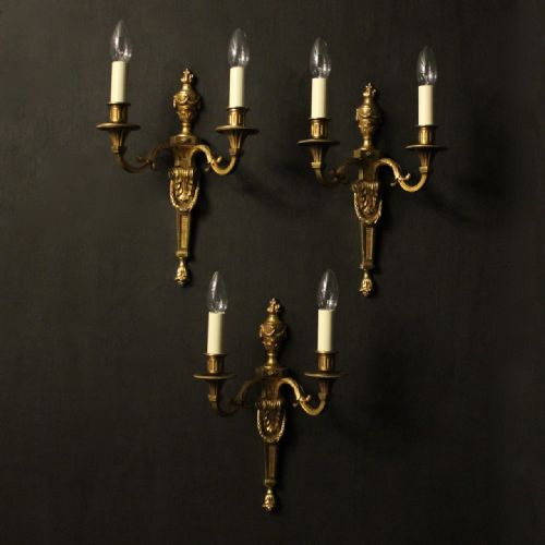 french set of 3 gilded twin arm antique wall lights - CATEGORY: ANTIQUE LIGHTING - DATED 1920