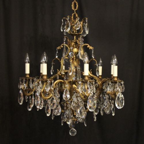 french gilded bronze crystal 9 light antique chandelier - CATEGORY: ANTIQUE LIGHTING - DATED 1910