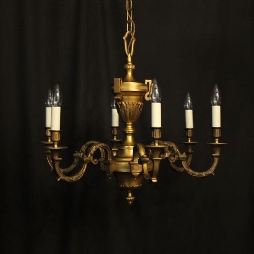 french gilded bronze 6 light antique chandelier - CATEGORY: ANTIQUE LIGHTING - DATED 1930