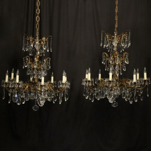 italian pair gilded bronze crystal 8 light antique chandeliers - CATEGORY: ANTIQUE LIGHTING - DATED 1920