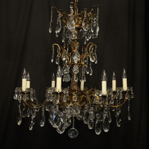 ITALIAN PAIR GILDED BRONZE CRYSTAL 8 LIGHT ANTIQUE CHANDELIERS - ADDITIONAL PHOTO 1