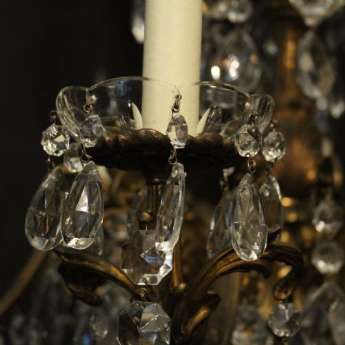 ITALIAN PAIR GILDED BRONZE CRYSTAL 8 LIGHT ANTIQUE CHANDELIERS - ADDITIONAL PHOTO 5