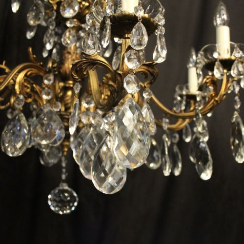 ITALIAN PAIR GILDED BRONZE CRYSTAL 8 LIGHT ANTIQUE CHANDELIERS - ADDITIONAL PHOTO 6