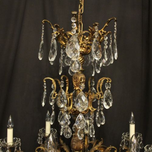 ITALIAN PAIR GILDED BRONZE CRYSTAL 8 LIGHT ANTIQUE CHANDELIERS - ADDITIONAL PHOTO 9