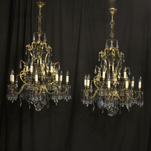 french pair bronze crystal cherub 12 light antique chandeliers - CATEGORY: ANTIQUE LIGHTING - DATED 1920
