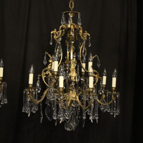 FRENCH PAIR BRONZE CRYSTAL CHERUB 12 LIGHT ANTIQUE CHANDELIERS - ADDITIONAL PHOTO 1
