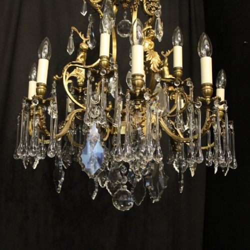 FRENCH PAIR BRONZE CRYSTAL CHERUB 12 LIGHT ANTIQUE CHANDELIERS - ADDITIONAL PHOTO 2