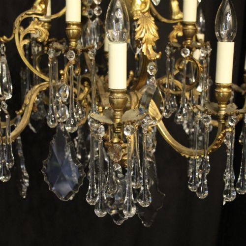 FRENCH PAIR BRONZE CRYSTAL CHERUB 12 LIGHT ANTIQUE CHANDELIERS - ADDITIONAL PHOTO 3