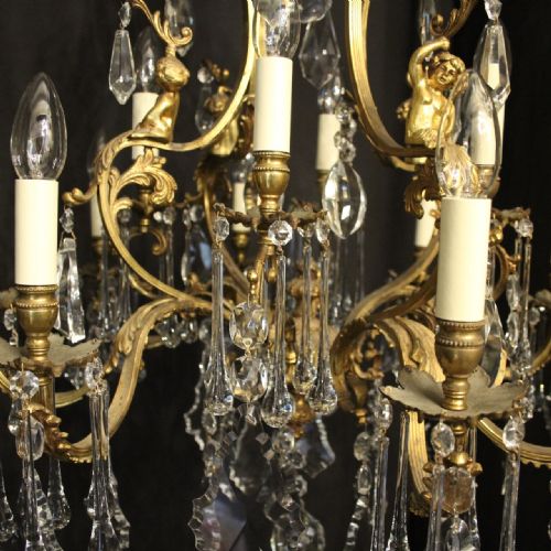 FRENCH PAIR BRONZE CRYSTAL CHERUB 12 LIGHT ANTIQUE CHANDELIERS - ADDITIONAL PHOTO 4