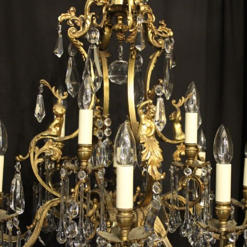 FRENCH PAIR BRONZE CRYSTAL CHERUB 12 LIGHT ANTIQUE CHANDELIERS - ADDITIONAL PHOTO 5