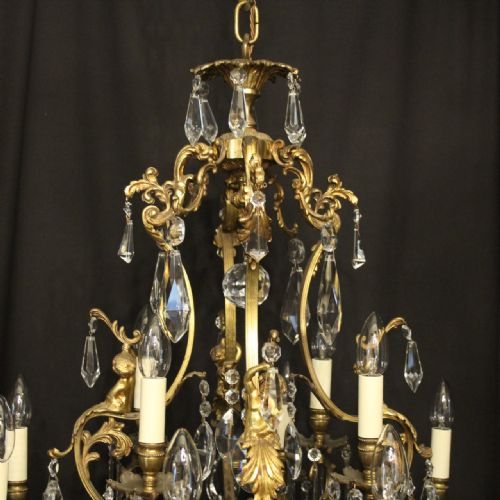 FRENCH PAIR BRONZE CRYSTAL CHERUB 12 LIGHT ANTIQUE CHANDELIERS - ADDITIONAL PHOTO 6