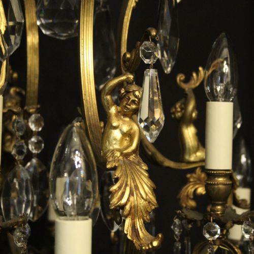 FRENCH PAIR BRONZE CRYSTAL CHERUB 12 LIGHT ANTIQUE CHANDELIERS - ADDITIONAL PHOTO 7